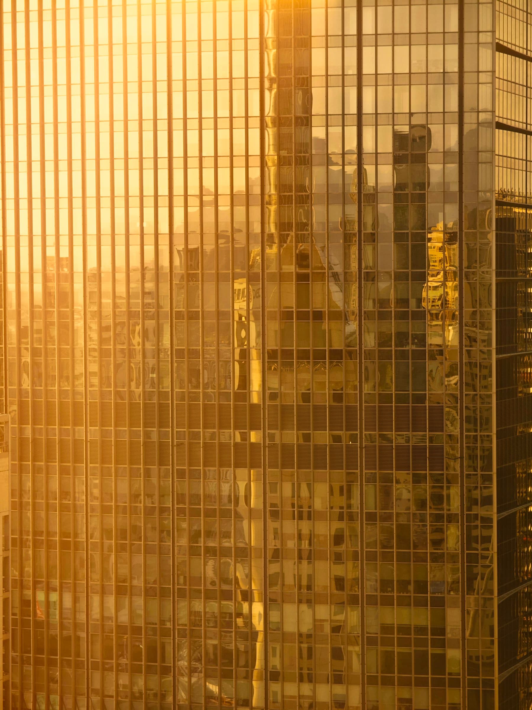 A gridded glass tower with warm metallic color